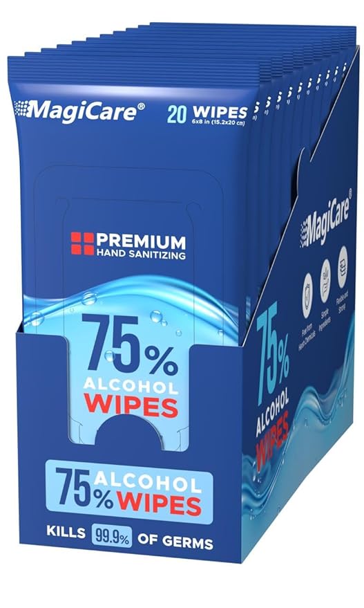 MagiCare 75% Alcohol Hand Sanitizing Wipes (Travel Wipes, 10 Packs) - Premium, Unscented, Large Alcohol Wipes - Hand Wipes Travel Size - Bag, Purse, Car - 10 Packs of 20 (200 Hand Sanitizer Wipes)-DeskLoop Office