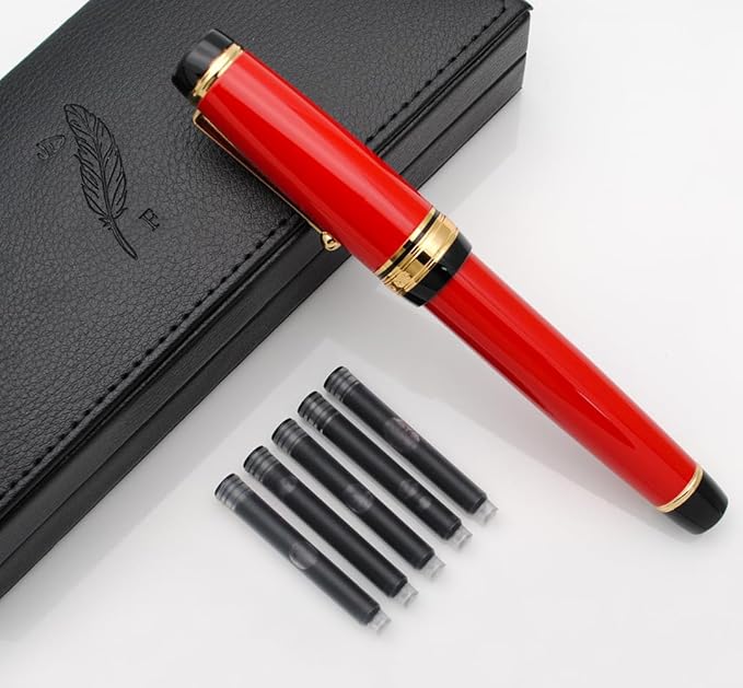 Metal Big Fountain Pen Set Medium Nib 0.7mm, Includes Ink Refill Converter, 5 Ink Cartridges & Gift Box (Medium Nib 0.7mm, Red)-DeskLoop Office