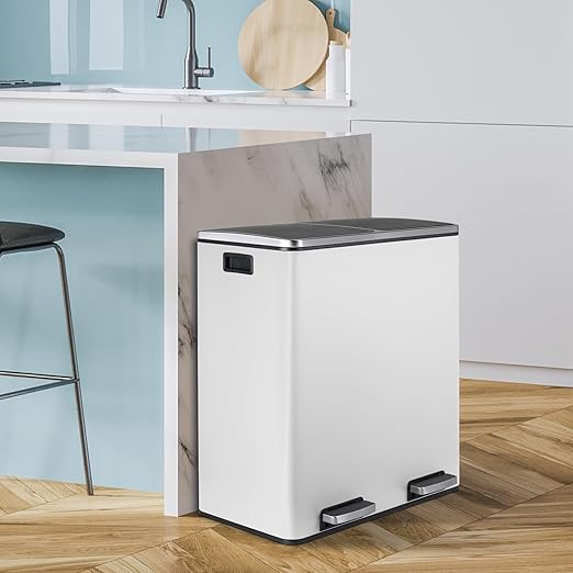 16 Gallon Rectangular Stainless Steel Trash Can, Dual Compartment Garbage Bin with Recycling Combo, Metal Dustbin Lid, Removable Liner, Indoor Hands Free Waste Bucket for Kitchen Home-DeskLoop Office