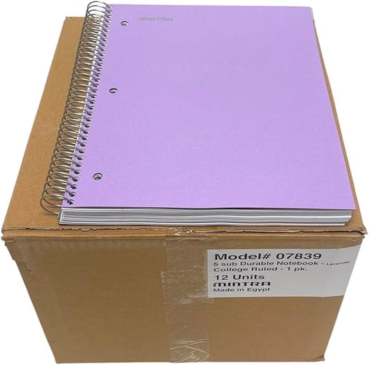 Mintra Office Durable Spiral Notebooks, 5 Subject (Lavender, College Ruled 12pk)-DeskLoop Office