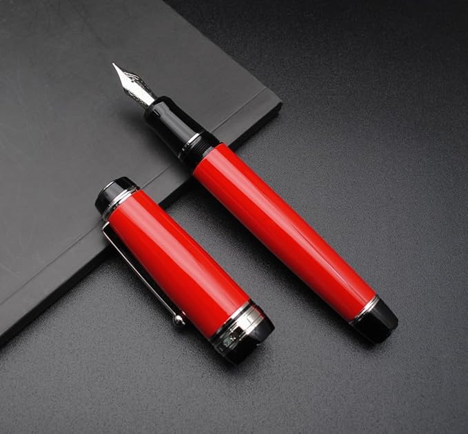 Metal Big Fountain Pen Set Medium Nib 0.7mm, Includes Ink Refill Converter, 5 Ink Cartridges & Gift Box (Medium Nib 0.7mm, Red with Silvery Clip)-DeskLoop Office