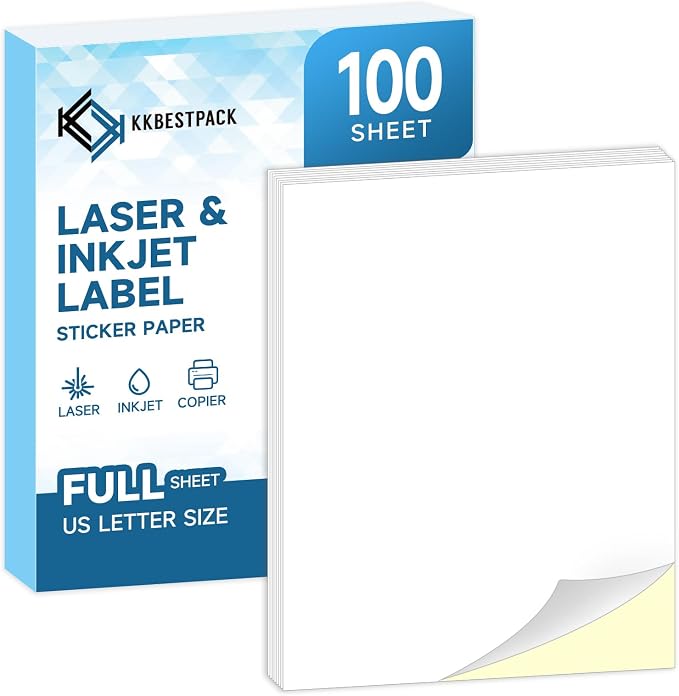 Full Sheets Sticker Paper – 100 Sheets, 8.5" x 11" Letter Size, by KKBESTPACK