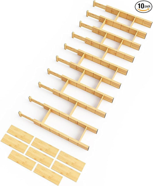 SpaceAid Bamboo Drawer Dividers with Inserts and Labels, Kitchen Adjustable Drawer Organizers, Expandable Organization for Home, Office, Dressers, 10 Dividers with 24 Inserts (17"-22" Natural)-DeskLoop Office