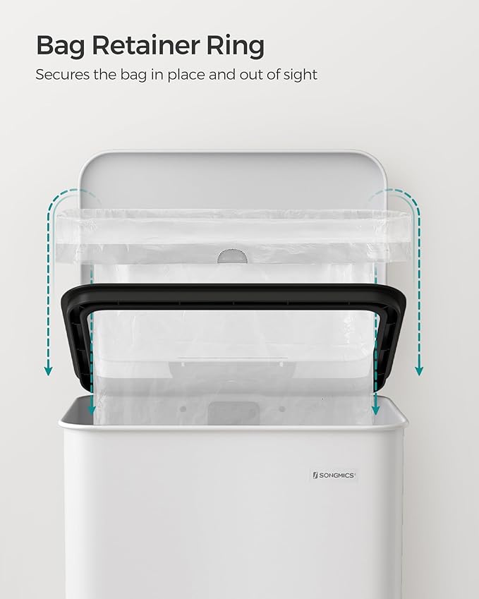 SONGMICS Kitchen Trash Can, 10.5 Gallon (40 L) Garbage Can, Large Step Trash Bin with Lid, Stainless Steel, Soft Close, 15 Trash Bags Included, White ULTB540W40-DeskLoop Office