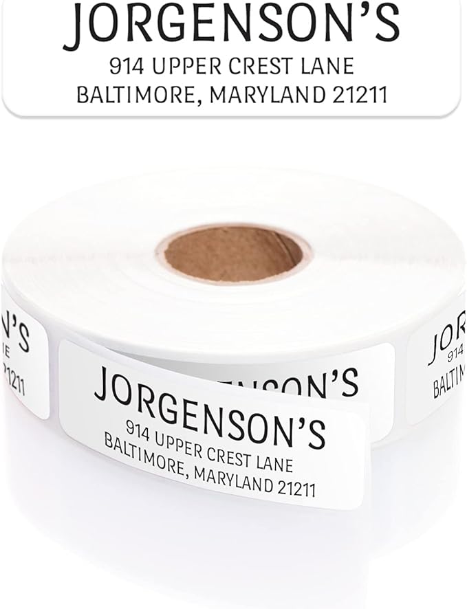 White with Black Print Modern Rolled Address Label/Roll of 500 Personalized Address Labels/Designer Return Address Stickers in Elegant Plastic Dispenser-DeskLoop Office