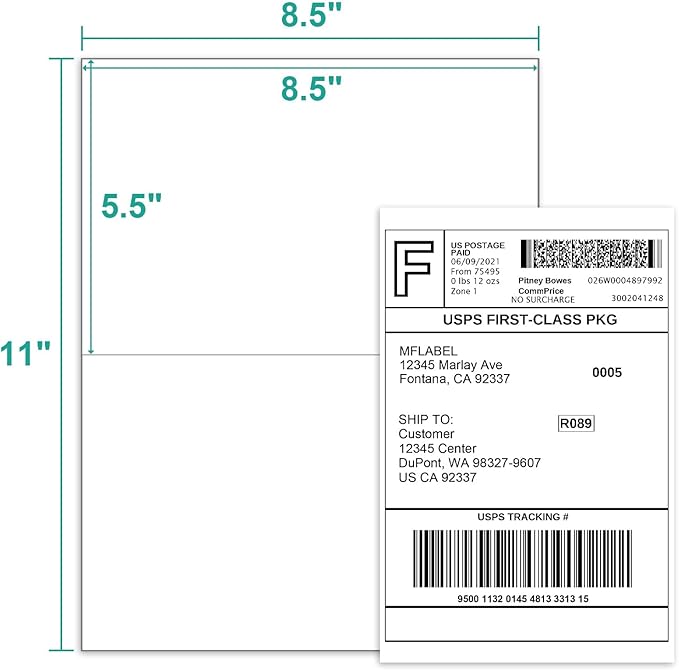 MFLABEL Half Sheet Label Laser/Ink Jet USPS UPS FedEx Shipping Label 8.5 x 11 Inches Packaging Labels, Address Labels for Laser & Inkjet Printers, 30000 Count(15000 Sheets)
