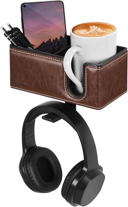 Desk Cup Holder Clip on Pen Holder Headphone Hanger Headset Stand Rotatable Clamp Hook Under Desk (Brown)-DeskLoop Office