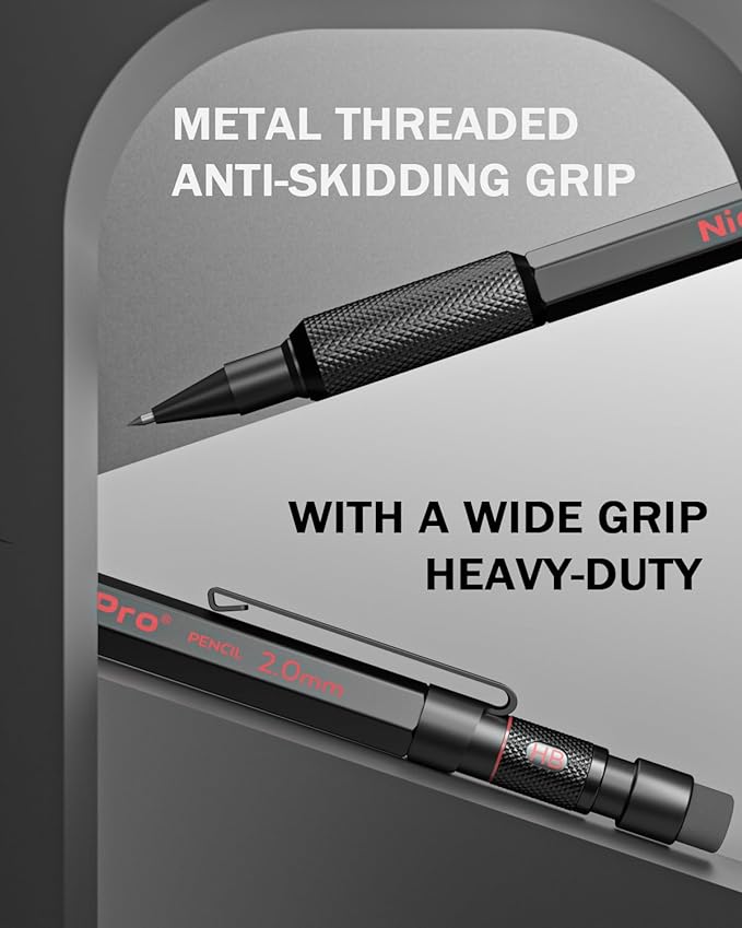 Nicpro 2mm Mechanical Pencils Set with Case, 12 Black Lead Refills,12 Colored Lead Refills, Erasers - MP2000 Weatherproof Metal Lead Holder, Heavy Duty Carpenter Pencil For Writing Drawing Woodworking-DeskLoop Office
