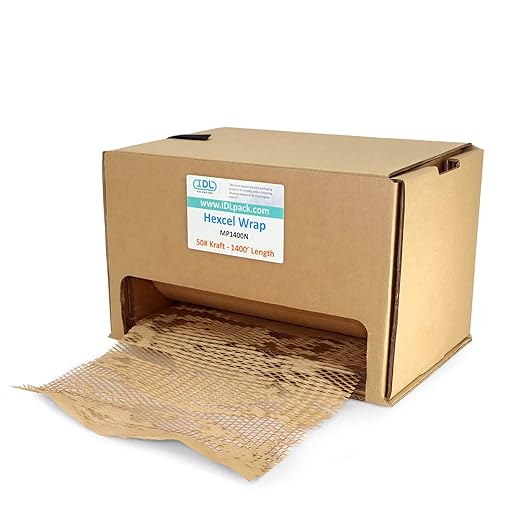 IDL Packaging Original HexcelWrap Honeycomb Packing Kraft Paper 15.25" x 1400' Roll in Self-Dispensed Box, Brown - The First Patented Interlocking Slit Paper Design for Shipping-DeskLoop Office