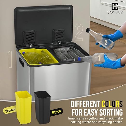 CAPHAUS Black Dual Trash Can w/Single Lid, Trash & Recycle Bins Combo, Hands-Free Stainless-Steel Garbage Can for Kitchen, with 2 Compartment, Hinged Lid, Odor Filters, Handles, 25L+25L, 2 x 6.6 Gal-DeskLoop Office