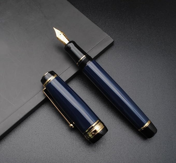 Metal Big Fountain Pen Set Medium Nib 0.7mm, Includes Ink Refill Converter, 5 Ink Cartridges & Gift Box (Medium Nib 0.7mm, Dark Blue)-DeskLoop Office