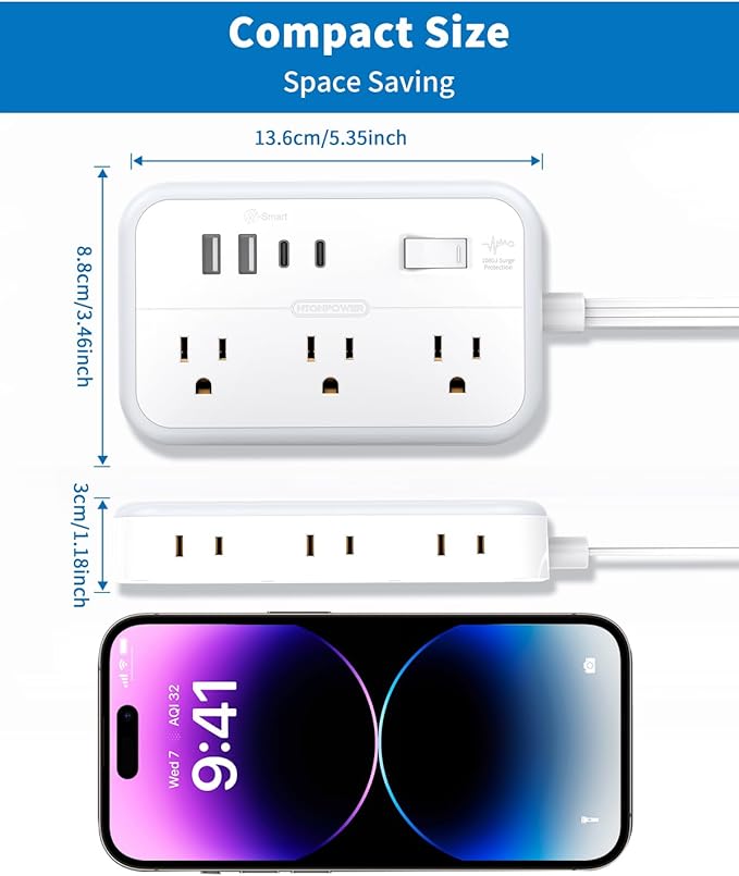 Flat Extension Cord 15 ft, NTONPOWER Surge Protector Power Strip with 6 Widely Outlets 4 USB Ports(2 USB C), Flat Plug, Wall Mounted, Side Outlet Extender for Indoor, Home Office, Dorm Room Essentials-DeskLoop Office