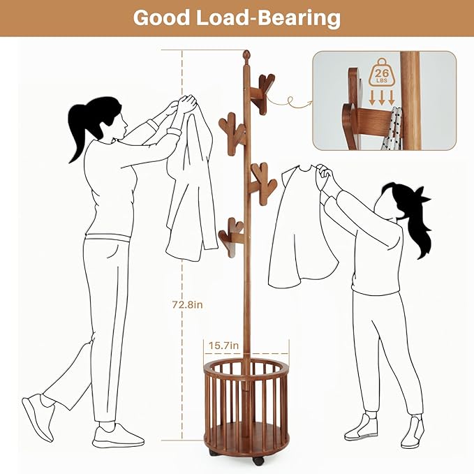 Uniclinens Solid Wood Coat Rack Freestanding with Umbrella Holder, Tree Coat Rack Stand with Lockable Universal Casters & 12 Hooks for Entryway Bedroom, Walnut-DeskLoop Office