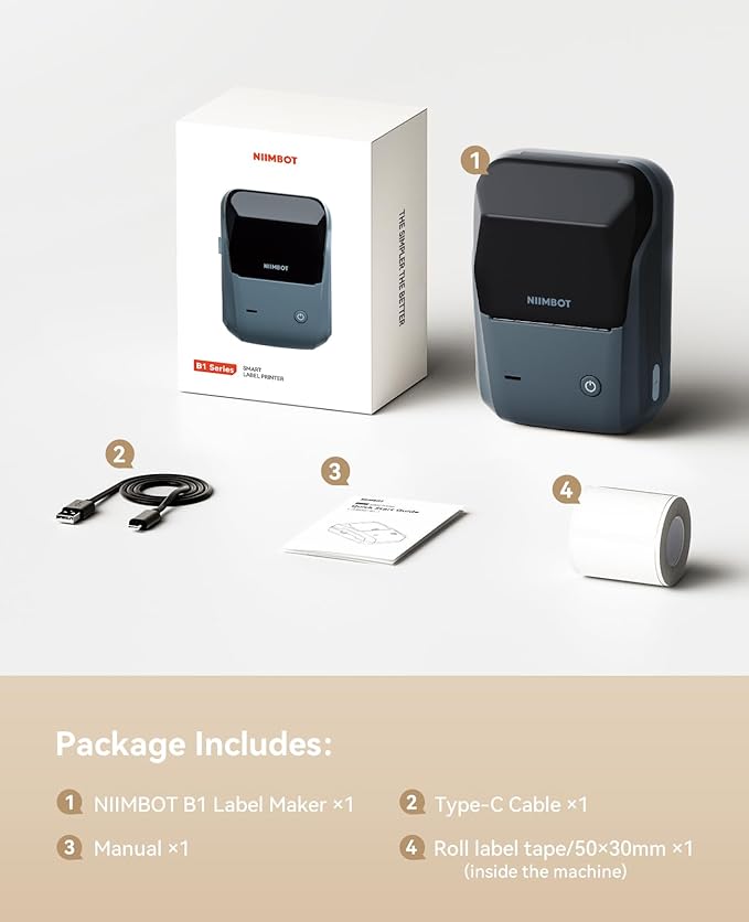 NIIMBOT B1 Label Maker Machine with Tape, 2 Inch Portable Label Printer, Bluetooth Thermal Label Printer with Multiple Templates for Small Business,Office,Home,School (Blue, 1 Printer+1 Roll Label)-DeskLoop Office