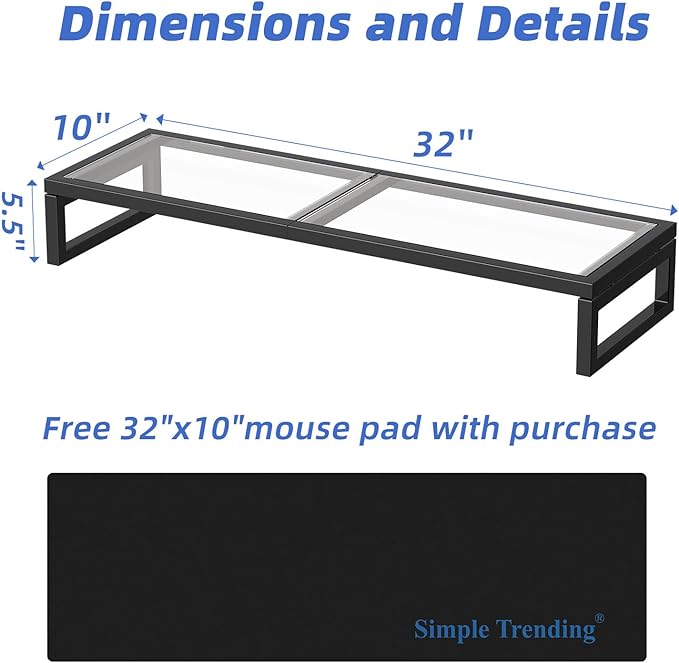 Simple Trending Dual Monitor Stand Riser, Tempered Glass Computer Desk Organizer with Mouse Pad for Laptop, iMac, TV, Black-DeskLoop Office