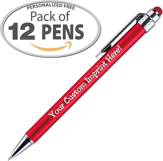 Personalized Pens with Stylus Tip -Bright Vibes- Click action - Custom - Black writing - Printed Name pens - Imprinted with Your Logo or Message - FREE PERSONALIZATION - 12 Pens/Box (Red)-DeskLoop Office