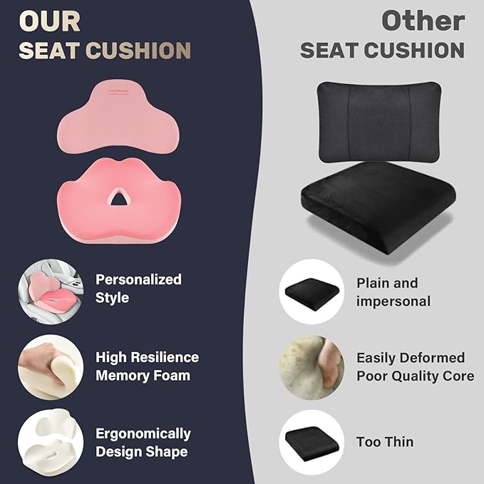 Coverado Seat Cushion and Lumbar Support Pillow for Car Office Chair, Ergonomic Memory Foam Desk Chair Cushion Back Support Pillow, Sciatica & Back & Tailbone Pain Relief Cushion-Pink-DeskLoop Office