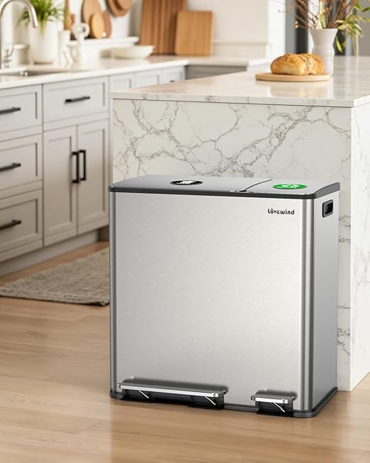 Dual Trash and Recycling Bins for Kitchen, 13.2 + 5.2 Gal (50+20L) Stainless Steel Trash and Recycle Bin Combo with Soft-Close Lid, Large Garbage Cans for Kitchen Home with 2 Magnets Sticker, Silver-DeskLoop Office