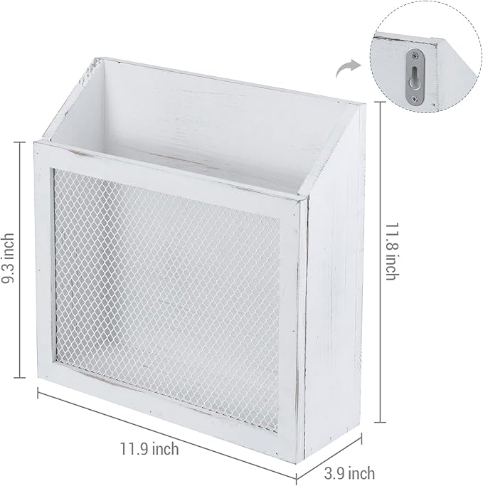 MyGift Rustic Magazine Holder Vintage White Wood and Chicken Wire Design Wall Mounted/Tabletop Mail Sorter, Farmhouse Home, Bathroom, Office Magazine Rack-DeskLoop Office