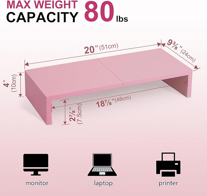 TEAMIX Pink Monitor Riser-20L inch, Wood Monitor Stand for Desk, Sturdy TV/Screen/PC/Printer/Laptop Riser,Computer Shelf with Storage TV Holder for Home Office (Pink, 20 inch)-DeskLoop Office