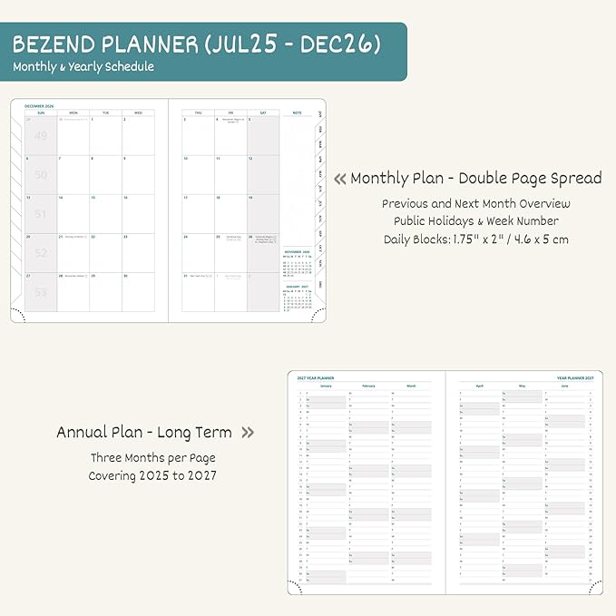 BEZEND Planner 2025-2026 Weekly and Monthly, 8.5" x 11" Academic Calendar (Jul 25-Dec 26) Vertical Daily Appointment with Hourly Timeslot & Monthly Tab, PU Leather Hardcover - Dark Green