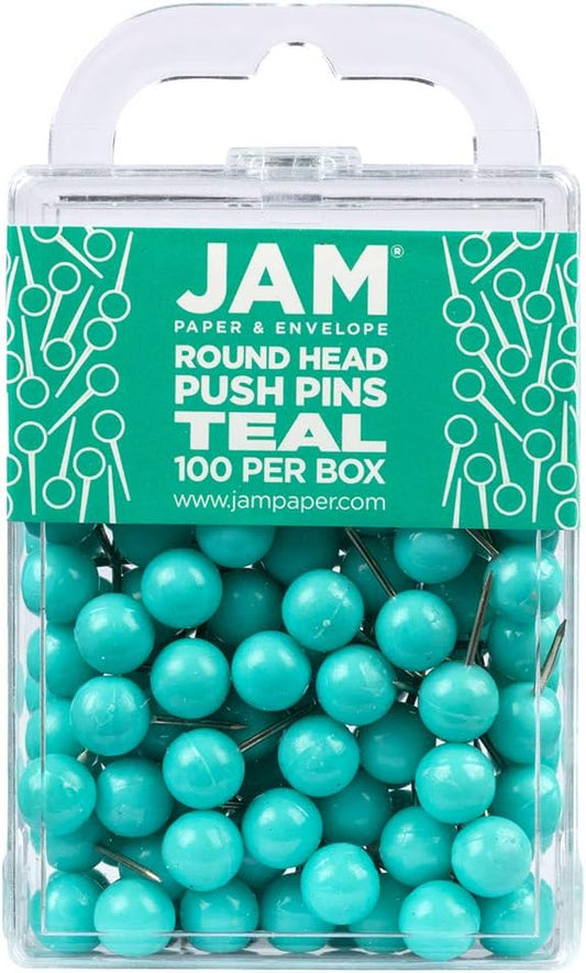 JAM PAPER Colorful Push Pins - Round Head Map Thumb Tacks - Teal Pushpins - 100/Pack-DeskLoop Office