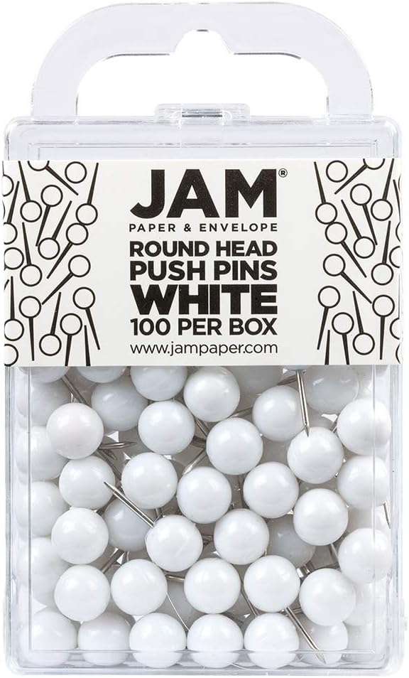 JAM PAPER Colorful Push Pins - Round Head Map Thumb Tacks - White Pushpins - 100/Pack-DeskLoop Office