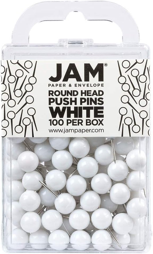 JAM PAPER Colorful Push Pins - Round Head Map Thumb Tacks - White Pushpins - 100/Pack-DeskLoop Office