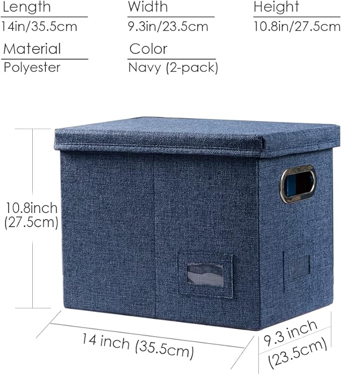 PRANDOM File Organizer Box - Set of 2 Collapsible Decorative Linen Filing Storage Hanging File Folders with Lids Office Cabinet Letter Size Navy Blue (14x9.3x10.8 inch)-DeskLoop Office
