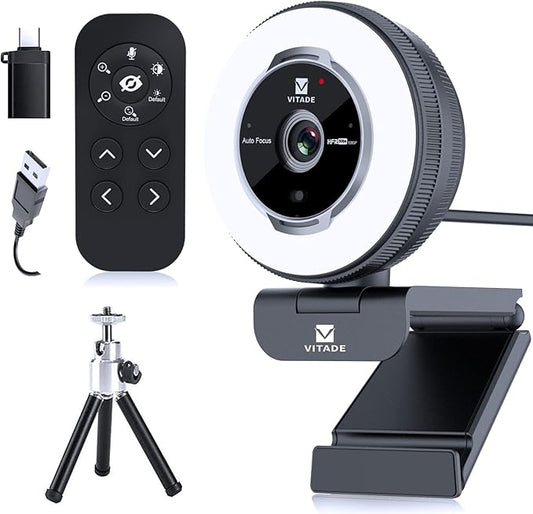 Zoomable Webcam with Remote Control, 1080P 60FPS Streaming Webcam with Adjustable Ring Light and Tripod, Pro USB 5X Digital Zoom Webcam for Zoom/Skype Teams/Laptop/Mac Windows-DeskLoop Office