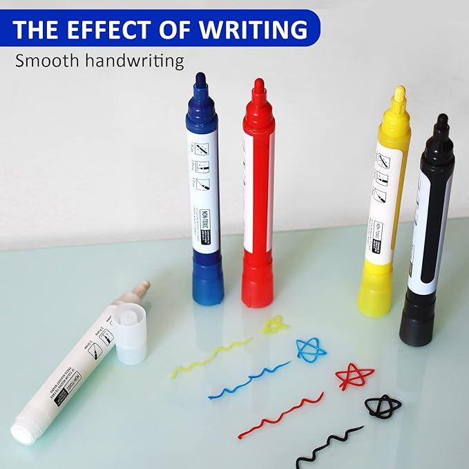 Glass Whiteboard Markers, Spray Magnetic Eraser & 2-in-1 Reversible Dual Tip - Bullet & Fine Point, Erasable Liquid Dry Erase Pens (4 Black 1 Blue 1 Red) for Acrylic Window Mirrors-DeskLoop Office