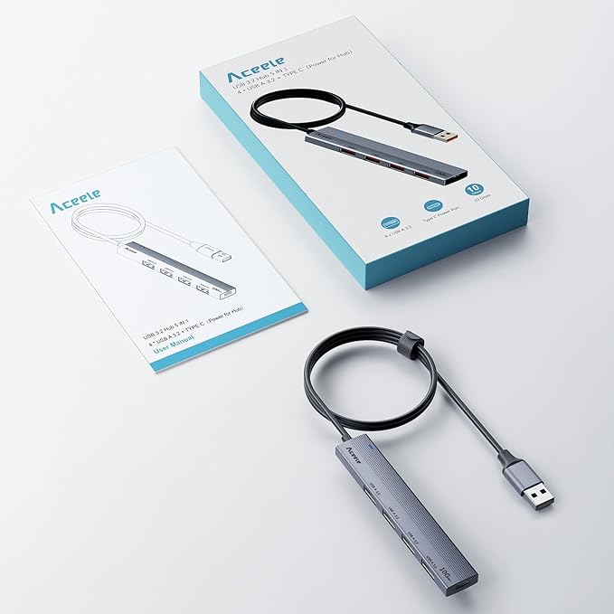 Aceele 10Gbps USB 3.2 Hub with 4 USB A 3.2 Ports, USB 3.2 Gen 2 Splitter with 4ft Extented Long Data Cable and Type-C Power Port, for Chromebook,Surface Pro 3,iMac,PS4 Flash Drive Data and More-DeskLoop Office