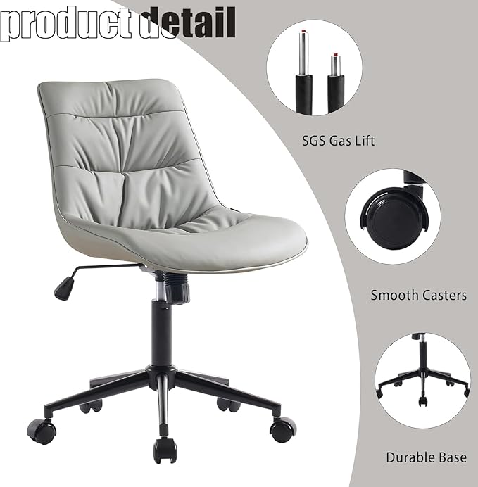 Kidol & Shellder Faux Leather Office Chair, Adjustable Swivel Height Task Chair, Rolling Wheels & Soft Backrest - Armless Ergonomic Desk Chair for Home, Office,Vanity,Gaming(Gray)-DeskLoop Office