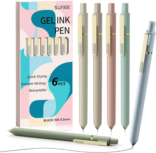 SUNEE Gel Pens, 6 Pack 0.5mm Pens Fine Point Smooth Writing Pens with Quick-Dry Black Ink, Cute Aesthetic School Office Note-Taking Pens for Journaling - Morandi-DeskLoop Office