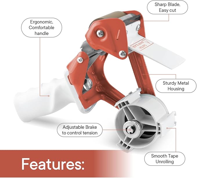 Heavy Duty Metal Frame Orange Packing Tape Dispenser 3 Inch Core with Special Ergonomic Handle, Tape Gun for Packing Boxes with Premium Tempered Steel Blade - for 3 inch Wide Roll-DeskLoop Office