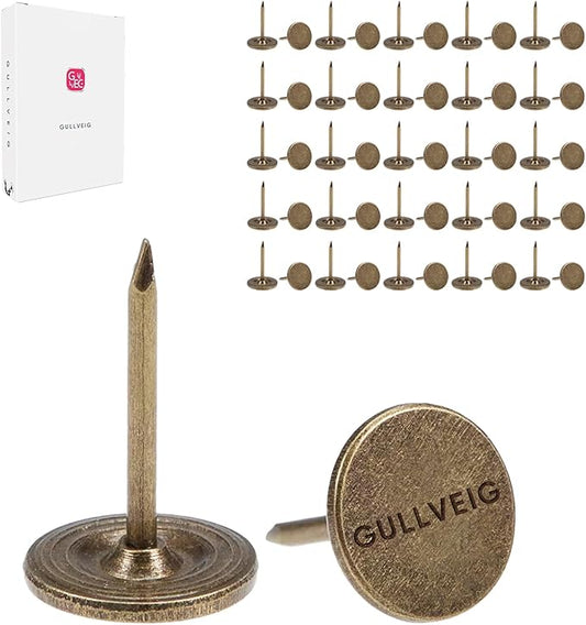 Gullveig Bronze Push Pins and Thumb Tacks: Heavy Duty Flat Upholstery, Long Carpet Tacks, and Decorative Nails for Wood and Fabric, 50 Count-DeskLoop Office