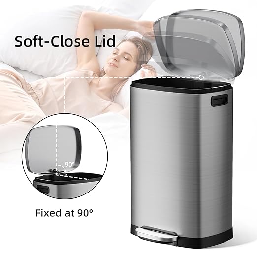 KUK 13 Gallon/50L Stainless Steel Kitchen Trash Can with Lid and Step Pedal-Large Capacity Garbage Bin with Odor Seal, Silent Close Lid, Removable Inner Bucket, Titanium Silver-DeskLoop Office