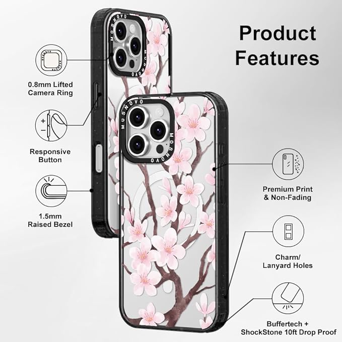 MOSNOVO Magnetic Case for iPhone 16 Pro Max, 10ft Military-Grade Protection, Compatible with Magsafe, Shockproof Phone Case for iPhone 16 Pro Max - Cherry Blossom - Clear Black-DeskLoop Office