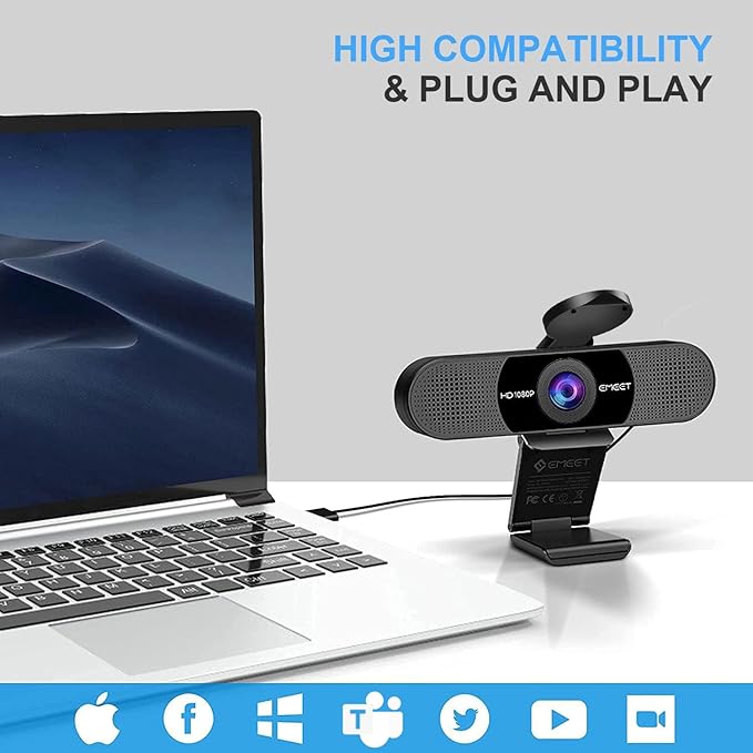 EMEET 1080P Webcam with Microphone, C960 Web Camera, 2 Mics Streaming Webcam, 90°FOV Computer Camera, Plug and Play USB Web Cam for Online Calling/Conferencing, Zoom/Teams/Facetime/YouTube, Laptop/PC-DeskLoop Office