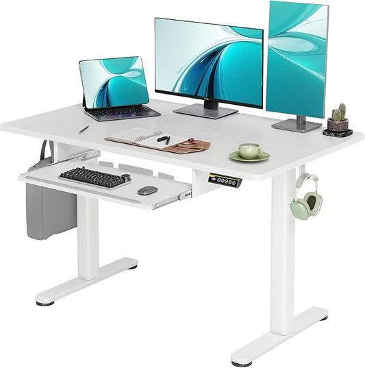 Claiks Standing Desk with Keyboard Tray, Electric Standing Desk Adjustable Height, 48x24 Inches Sit Stand up Desks with Splice Board, Raising Desks for Home Office, White-DeskLoop Office