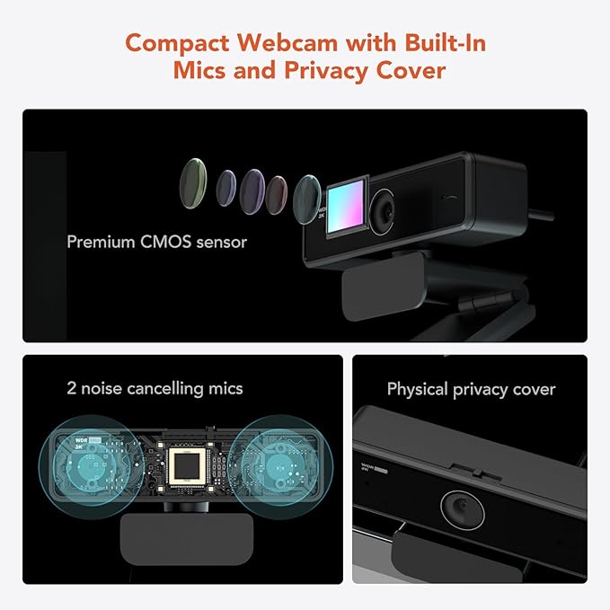 NUROUM V11 2K Webcam for PC, 1080P 60FPS USB Web Camera with Microphone, 1440P@30fps, 90° Wide-Angle, Privacy Cover, Plug&Play for Mac/Laptop/Desktop/Computer, for Zoom/Teams/Google Meet-DeskLoop Office
