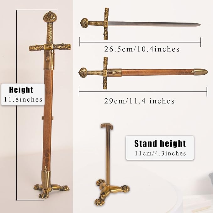 11“ Metal Stainless Steel Letter Opener Sword with Stand,Medieval Vintage Gold Handle,Mini Sword,Lightweight Hand Envelope Slitter,Special Gift