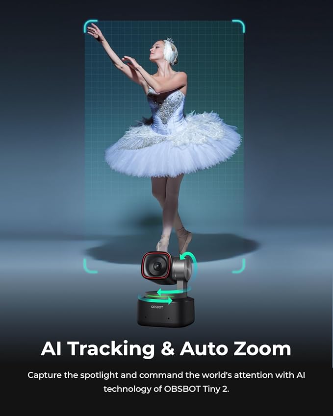 OBSBOT Tiny 2 Webcam 4K Voice Control PTZ, AI Tracking Multi-Mode & Auto Focus, Web Camera with 1/1.5" Sensor, Gesture Control, 60 FPS, HDR Light Correction, Webcam for PC, Streaming, Meeting, etc.-DeskLoop Office