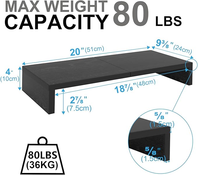 TEAMIX 2 Pack Monitor Stand Riser-20 inch, Black Desktop Stand for PC/TV/Laptop/Printer, Keyboard Shelf Organizer Wood Monitor Riser with Storage-DeskLoop Office