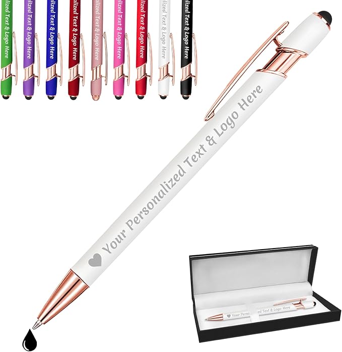 STREADVE Personalized Custom Pens Engraved Writing Pen with Name Logo, Customized Promotional Items Stylus Pen Gifts for Communion Wedding Men Women Realtor Business, White-DeskLoop Office