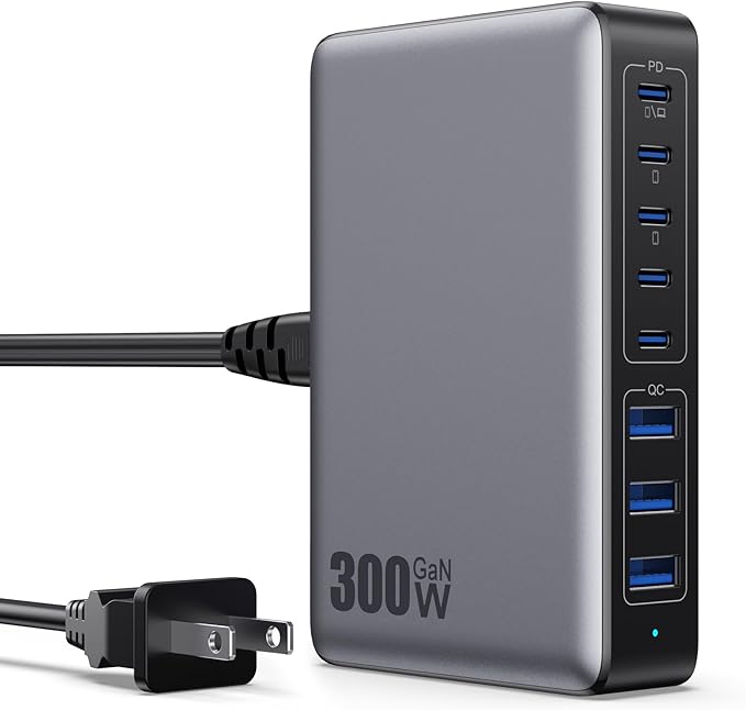 USB C Charger 300W USB C Charger Block 8-Ports GaN IV Fast Charging Station,PD 100W Laptop Hub Wall Charging Adapter Compatible with MacBook/Air,DELL,Steam Desk,iPhone 16/15/14,Samsung Galaxy S24 etc-DeskLoop Office