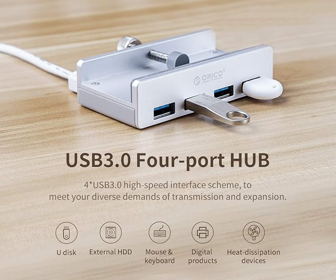 ORICO USB 3.0 Hub Clamp - Aluminum 4-Port USB Splitter With Extra Power Supply Port, 4.92 FT USB A to C Cable, Desktop Powered Hub for Monitors/Desks - Silver-DeskLoop Office