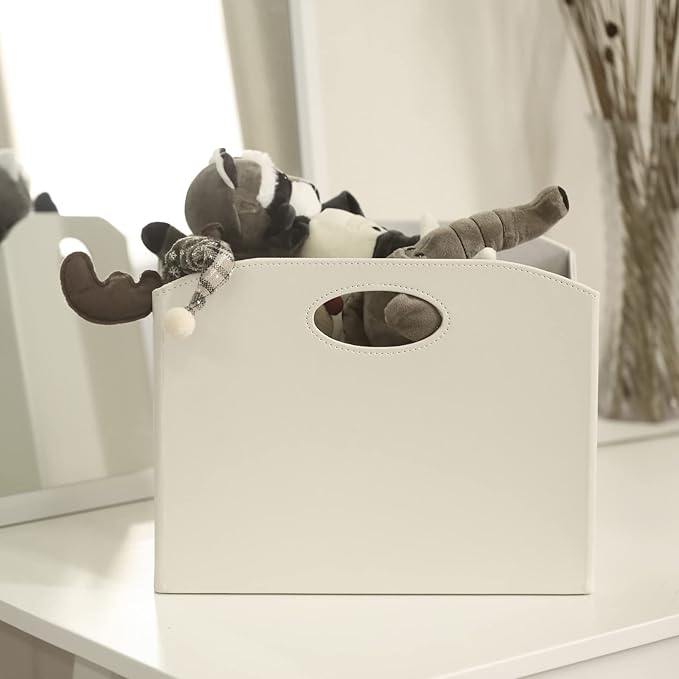 EZDeco Magazine Holder Foldable Magazine Rack Floor PU Leather File Holder Newspaper Book Storage Basket Document File Folder Organizer for Office Home (Off-white-1)-DeskLoop Office