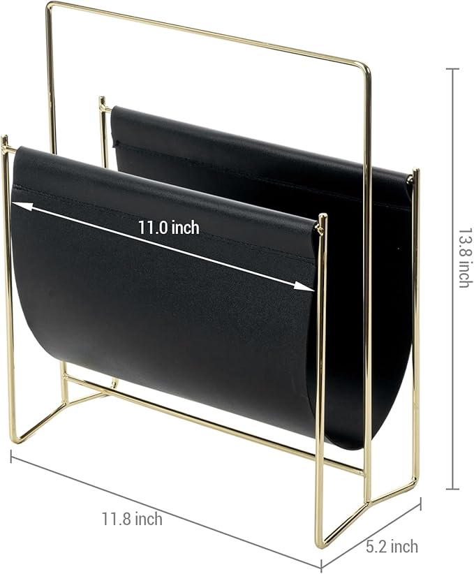 MyGift 13 Inch Modern Black Leatherette Magazine Holder Floor Standing Sling Style Rack with Gold Tone Metal Frame-DeskLoop Office