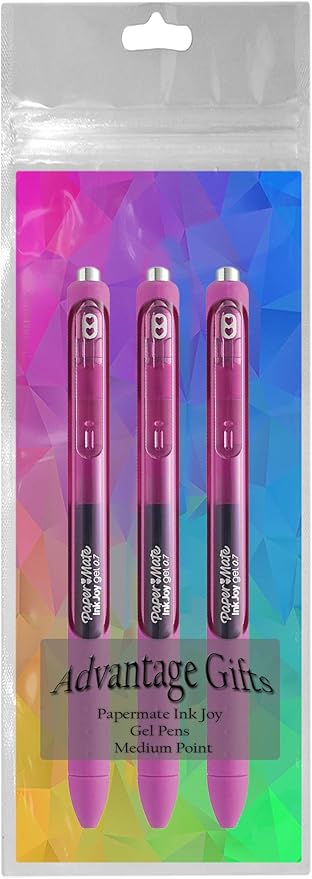 Paper Mate InkJoy Gel Pens, Berry Ink, Medium Point (0.7mm), 3 Count, Bundle with Plastic Reusable Pouch-DeskLoop Office